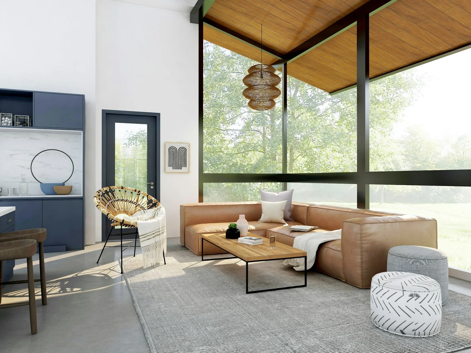 Living room with tall windows and warm timber finishes